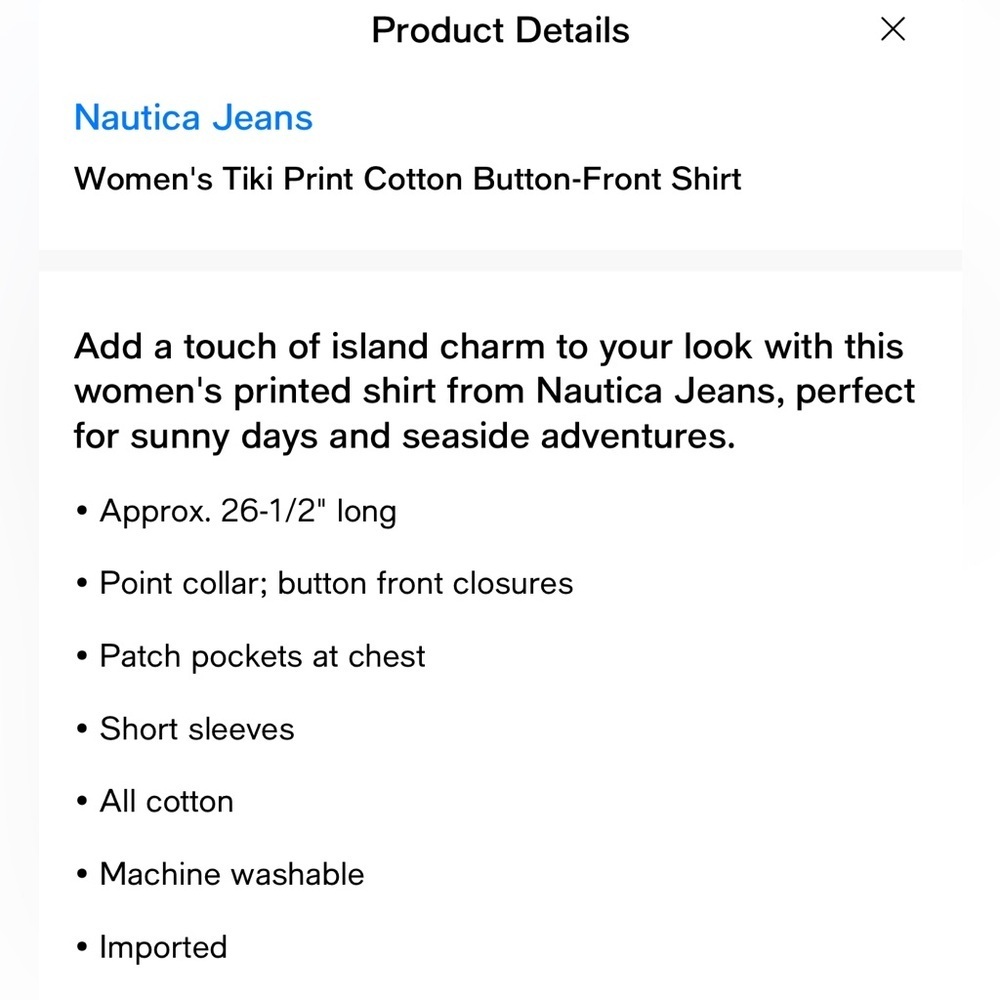 Nautica Jeans Women's Tiki Blue Print Cotton Button-Front Shirt, Size XS NWT - Picture 10 of 10